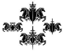 Pair Of Beautiful Horse Heads With Heraldic Shield, Royal Crown And Knight Sword - Medieval Style Fairy Tale Coat Of Arms Black And White Vector Design Set