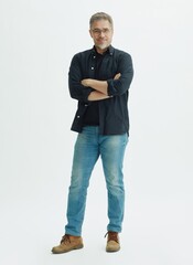 portrait of mature age, middle age, mid adult casual man, happy smiling. full length, gray hair, iso