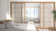 © ArchiVIZ - Blur background, minimalist bedroom in japanese style, parquet floor, double bed, sliding door, armchair and big panoramic window, carpet and decors, modern interior design