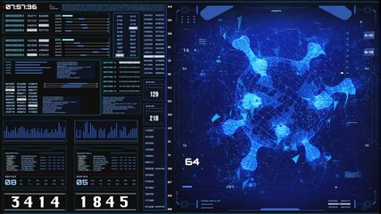 Leinwandbilder - HUD Futuristic DNA Molecule Structure System Analysis Interface Digital Technology System Display. 3D Science Bacteria Wireframe Monitoring Screen Report Hologram Graphic 4K Motion.