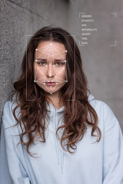 Wall Mural - facial recognition, portrait of a young woman with digital signs for personal identification