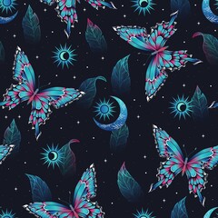 Wall Mural - Magical pattern with butterflies and herbs. Ethnic moon seamless pattern. Bohemian fabric design. Contemporary composition.
