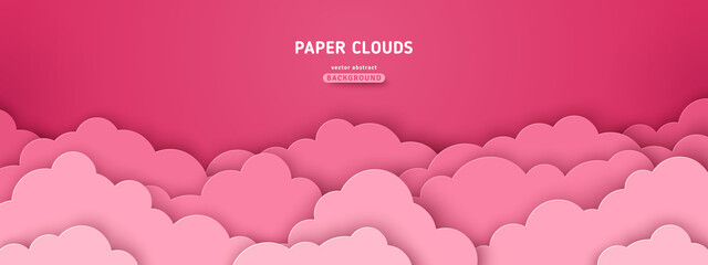 Beautiful paper rose clouds on pink backdrop. Vector illustration. Papercut art. Place for text. Happy Valentine's day background, baby girl wallpaper. Romantic sale layout template, border header