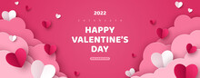 Horizontal Banner With Pink Sky And Paper Cut Clouds. Place For Text. Happy Valentine's Day Sale Header Or Voucher Template With Hearts. Rose Cloudscape Border Frame Pastel Colors.