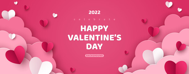 Horizontal banner with pink sky and paper cut clouds. Place for text. Happy Valentine's day sale header or voucher template with hearts. Rose cloudscape border frame pastel colors.