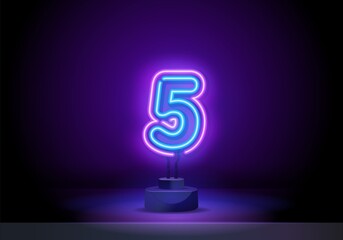Neon city font sign number 5, signboard five. Number Five symbol neon sign vector. Number Five template neon icon, light banner, neon signboard, nightly bright advertising.