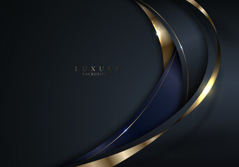 Abstract elegant 3D black and gold curve shape with shiny golden ribbon lines and lighting on dark background