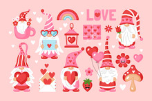 Valentines Day Holiday Cute Gnome Character And Elements Set. Template For Cards, Stickers And Party Invitations.