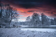 Krajobraz zimowy w parku, kolorowe niebo