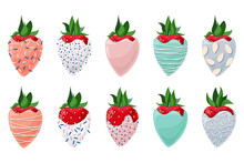 Vector Set Of Strawberries Covered With Multicolored Icing Sprinkled With Confectionery Topping, Almond Chips And Coconut Flakes Isolated On White Background.