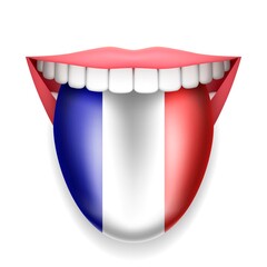 Smiling mouth with tongue hanging out in the colors of the French flag