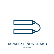 Japanese Nunchaku Icon From Weapons Collection. Thin Linear Japanese Nunchaku, Japan, Japanese Outline Icon Isolated On White Background. Line Vector Japanese Nunchaku Sign, Symbol For Web And Mobile