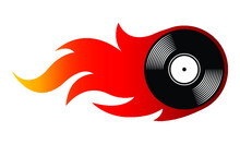 Vector Silhouette Illustration Of Vintage Retro Vinyl Record Icon With Simple Flames. Ideal For Stickers, Decals, Casino Poker Logo Design Element And Any Kind Of Decoration.