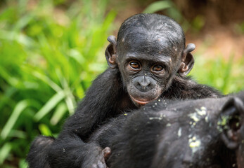 Wall Mural - bonobo cub on the mother's back. the bonobo, scientific name: pan paniscus, earlier being called the
