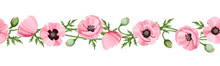 Horizontal Seamless Border With Pink Poppy Flowers On A White Background. Vector Illustration