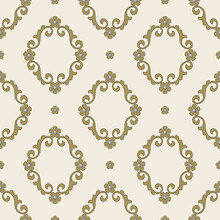 Seamless Vintage Pattern With Ornate Golden Wreaths And Pearl Beads. On White Background. Baroque Style.