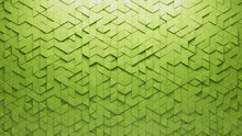 Futuristic Tiles Arranged To Create A Green Wall. Triangular, 3D Background Formed From Semigloss Blocks. 3D Render