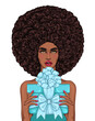 Vector African American girl in surprise open mouth. Woman Fashion model with magnificent curly afro retro hairstyle holding turquoise boxes decorated mint ribbons and bows. Festive greeting present 
