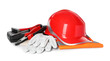 Different personal protective equipment and tools on white background