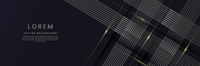 Abstract 3D Luxury Template Silver Diagonal Dimension Lines Overlapping With Gold Lines Light Effect On Dark Blue Background.