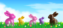 Happy Easter Background With Colorful Rabbits On Green Grass Vector Illustration 