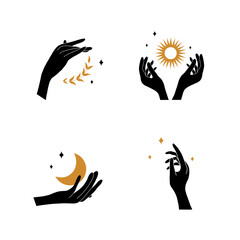 Wall Mural - Boho hand with moon and sun. Collection of bohemian aesthetic design logos. Alchemy esoteric talismans. Vector illustration in minimalist style.