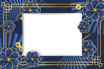 Wall Mural - Chinese New Year festival banner design with flowers, folding fans and Chinese coins on blue background and white frame for your copy space.