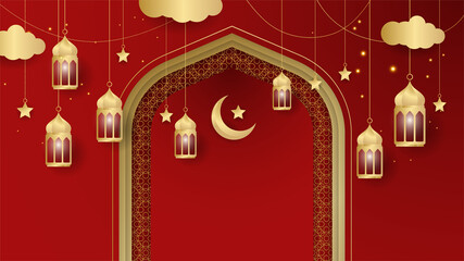 golden lantern arabic red gold Islamic design background. Universal ramadan kareem banner background with lantern, moon, islamic pattern, mosque and abstract luxury islamic elements