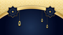 Elegant Mandala Arabic Golden Blue Islamic Design Background. Universal Ramadan Kareem Banner Background With Lantern, Moon, Islamic Pattern, Mosque And Abstract Luxury Islamic Elements