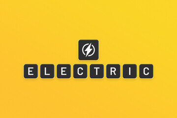 Wall Mural - Electric text with lightning icon isolated on yellow background. Electric banner