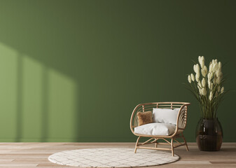 Empty wall mock-up in home interior on green background with rattan chair and decor in living room, 3d render