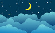 © CHAIYAPHON - night sky with stars and moon. paper art style. Dreamy background with moon stars and clouds, abstract fantasy background. Half moon, stars and clouds on the dark night sky background.