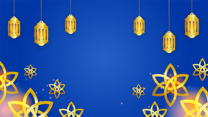 Wall Mural - Beautiful golden blue Islamic design background. Universal ramadan kareem banner background with lantern, moon, islamic pattern, mosque and abstract luxury islamic elements