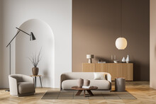Modern Villa Living Room Design Interior, Beige Furniture, Bright Walls, Hardwood Flooring, Sofa, Armchair With Lamp. Concept Of Relax. 3d Rendering