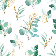 Seamless Watercolor Pattern With Eucalyptus Leaves And Golden Elements. Leaves With Golden Texture And Green Tropical Leaves On White Background
