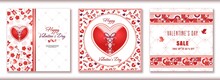 Set Of Square Sales Banner For Valentines Day With Place For Text. Such Symbols Of Valentines Day As Heart, Rose, Dove, Cupid Arrow, Love Padlock And Key, Gift, Are Used.