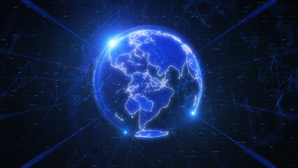 Aufkleber - Digital Blue Spinning Earth Communication Technology Global Network with Polygon Geometric Plexus Line Element Illustration Background.