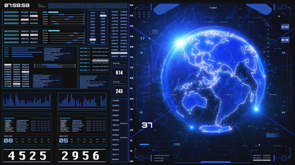 Fototapete - HUD Digital Futuristic Spinning Earth Scanning Location Tracking Analytic Screen Display Illustration.