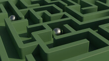 Steel Balls Inside Maze. Choices, Challenge And Puzzle Concept. 3D Rendering Illustration. 