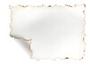 Blank white sheet of paper with burnt edges and a folded corner. Isolated