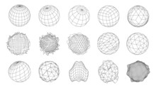 A Set Of Spheres From A Wireframe Mesh. Collection Of Spheres For Use In HUD Design. Network Line Concept. Creative Abstract Geometric Shapes. Vector Illustration.