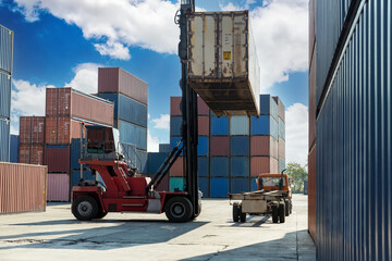 Wall Mural - Crane lifting up container in railroad yard. Crane lifting up container in yard. forklift handling container box loading.