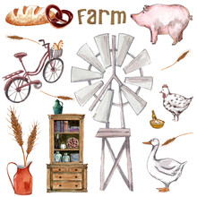Watercolor Illustration Farm Tractor,cupboard,mill,cattle Feeder,bread,elements For Design Or Decoration