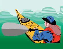 Tourist Paddle In Kayak. Active Recreation And Sports Rivers And Lakes. Man Life Jacket Paddles One Seater Canoe Through Water. Extreme Rafting Along Mountain River Flow. Vector Flat Concept Isolated
