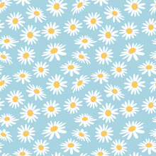 White Daisies On Blue Background Print. Floral Daisy Seamless Pattern Vector.