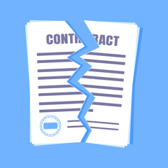 Contract cancellation business concept. Terminated tearing contract paper sheet breach flat style design vector illustration isolated on white background.