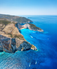 Wall Mural - view of navagio beach, zakynthos island, greece. aerial landscape. azure sea water. rocks and sea. s