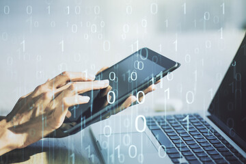 creative abstract binary code hologram and finger presses on a digital tablet on background, ai and 