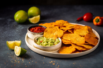 Wall Mural - Single big white plate of yellow corn tortilla nachos chips with salsa and guacamole sauce over dark background