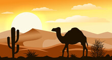 Desert Sunset Silhouette Landscape. Pattern Background With Camel And Wild Cactus.
